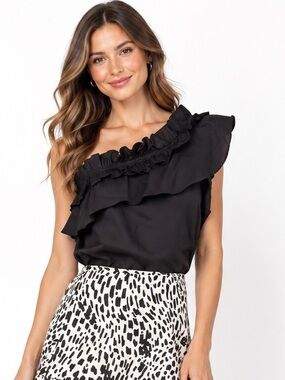 NWT Finley Black Asymmetrical Ruffle Off-Shoulder Top L